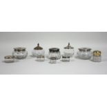 Lot of 10 Crystal Glass Jars & Hair Receivers With sterling covers. Various sizes & shapes. From