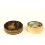 Lot of 2 Painted Boxes 1 19th C. Carved Bone Box with Hand Painted Scene.  Signed "Leger" on top.