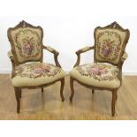 Pair of French Carved Walnut Needlepoint Armchairs Approx. 38" H x 24" W. From an estate in Great