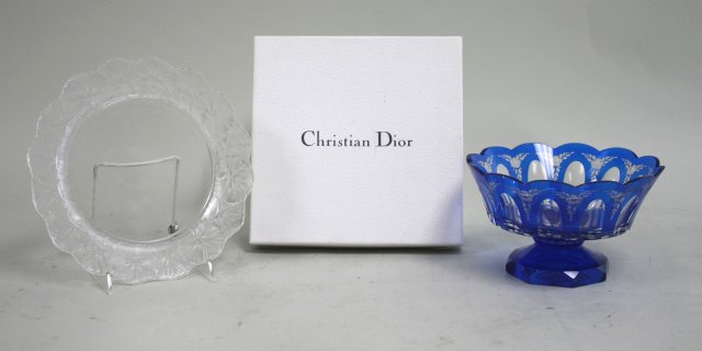 Christian Dior footed bowl & Lalique dish Blue to clear Dior bowl, in original box, approx.  4 1/