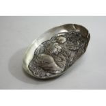 Small Art Nouveau Silver Tray Marked 800 on hand. Approx. 1/2" H x 5 1/4" x 3  1/2", 84.5g, 2.