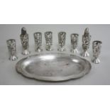 9 pieces of Silver Including, salt & pepper shakers, 6 shot glasses  with overlay & oval silver