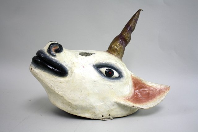 5 various polychrome wood & papier mache masks Largest approx. 18 1/2" H. (4050) Paint worn,  cracks - Image 6 of 8