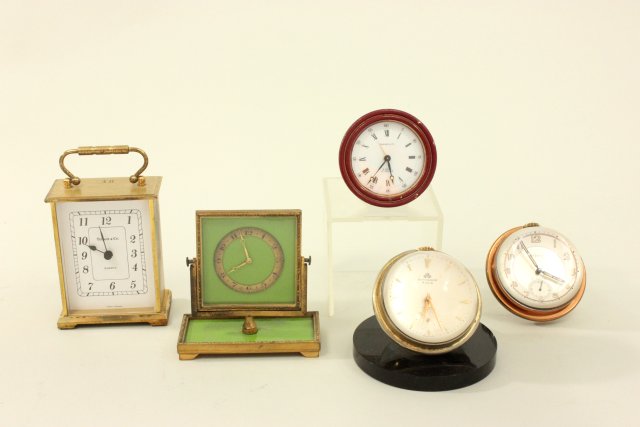 5 Desk Clocks Including 2 - Bucherer 8 day 17 jewel crystal ball  clocks & De Frece with second