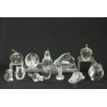 12 crystal paperweights pear, sphinx, apples, Lalique owl, Baccarat  rabbit, fish, squirrel, owls, 1