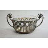 French Silver Plated & Crystal Bowl With handles. Hallmarked on bottom. Approx. 3 1/2"  x 6 1/2".