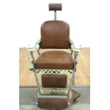 Barber's chair Emil J. Paidar, green enamel arms, leather seat,  back and footrest, with leather