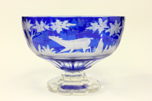 Bohemian Blue Cut to Clear Bowl Featuring animals in forest etched out in scenes  across face of - Image 2 of 5