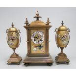 Gilt bronze & painted porcelain 3 piece clock set Gilt panels. Clock signed, "Japy Freres". Clock