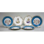 Lot of Sevres Style French Porcelain Plates 6 pieces. 2 portrait plates with highlighted  decals.