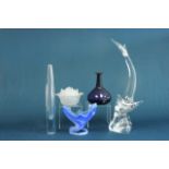 5 Glass Items Including Kristaluxus dolphin, signed tall vase,  covered dish, & 2 blue vases.