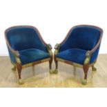 Pair Empire style Parcel Gilt Mahogany Bergeres Approx. 34" H x 24" W x 28" D. Gilding slightly