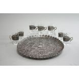 Persian Round Filigree Tray & 7 Shot Glasses Tray, unmarked & tested for silver approx. 8 1/2"  D.