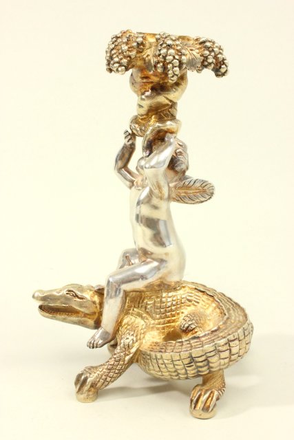Pair of Silver Plate Bacchanalian Candlesticks With 2 angels riding lizards & grape cluster - Image 6 of 6