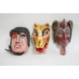 3 polychrome wood carnival masks The largest approx. 10" H. (4050) Paint chipped  and worn Paint