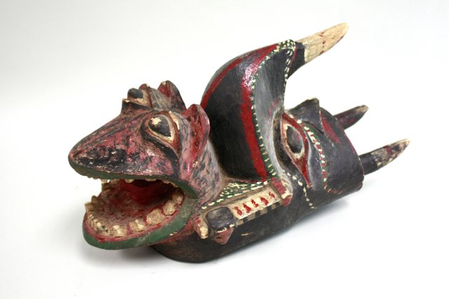 5 various polychrome wood & papier mache masks Largest approx. 18 1/2" H. (4050) Paint worn,  cracks - Image 8 of 8