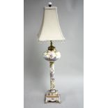 Dresden Lamp with Shade Hand painted. Approx. 32" H to finial. Crack on  base Crack on base