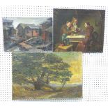 Three oil on canvases One village scene signed T. Chieu lower right. One  tavern scene signed