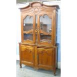 French Provincial Pine Breakfront Cabinet With 2 scroll design glass doors. 18th or 19th  century.