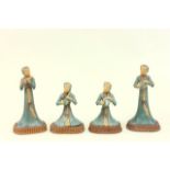 Lot of 4 Chinese Terracotta Figures Figures playing instruments on wood bases. Top of  banjo