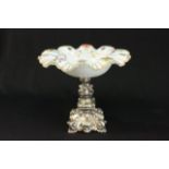 19thc continental silver & paint glass compote silver base marked 12 for 750 silver 10 3/4H x 12"