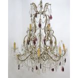 Italian Rococo Style Gilt Metal Chandelier 12 Lights. Approx. 40" H x 30" D Missing some  drops.