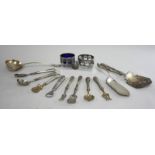 Lot of Silver Including, 4 pieces of silver, 10 serving pieces,  1 ladle,1 shot glass, pair 800