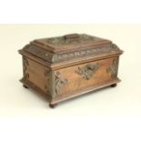 Covered Victorian Walnut Jewelry Box With key. Brass mounts & ball feet. Aesthetic  movement.