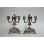 Pair Pairpoint silver plated & crystal candelabra 3 Arms, 11"H, claw foot From a NYC collector's