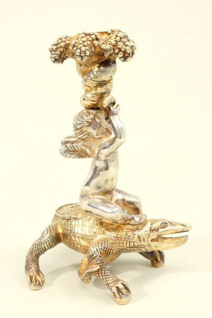 Pair of Silver Plate Bacchanalian Candlesticks With 2 angels riding lizards & grape cluster - Image 5 of 6