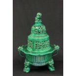 Daoguang Green Glazed Incense Censer & Cover Approx. dates 1821-1850. Approx. 14" H x 10 1/2"  W.