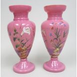 Pair pink enameled glass vases Florals. Approx. 14 1/2".