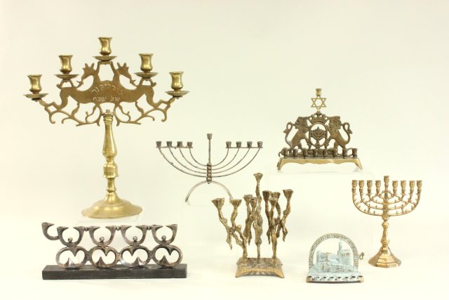 Judaica Menorah Lights & Candelabras Including sterling clad, silver plate & brass.  Various sizes &