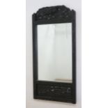 19th C. Chinese Style Ebonized Wood Wall Mirror With carved scroll design on sides. Dragon  pediment