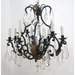 Rococo Style Wrought Iron 12 Light Chanderlier Approx. 28" H x 28" D. (4050) Missing some drops.