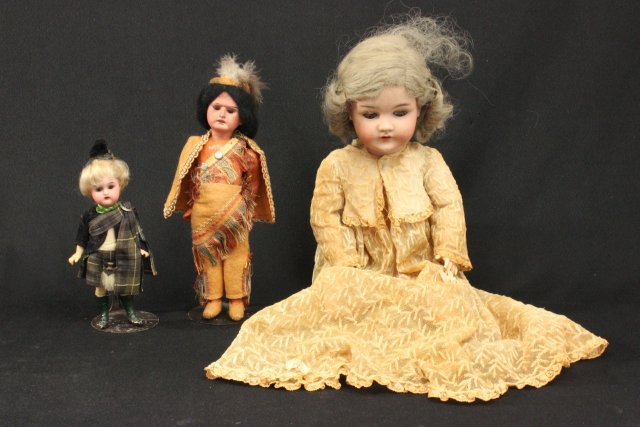 German Bisque Head Doll & 2 Smaller Dolls Stamped "JKC". Largest approx. 12" H. From a NYC