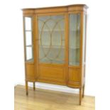 English Sheraton style satinwood curio cabinet With lattice glass door, round glass, and inlaid