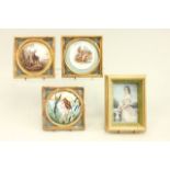 4 Framed Porcelain Plaques Including 1 lady by a railing, approx. 5 1/2" x 3  1/2"; frame approx 7