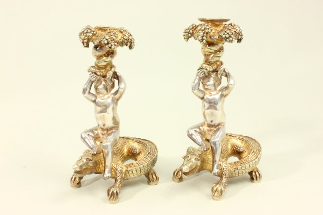 Pair of Silver Plate Bacchanalian Candlesticks With 2 angels riding lizards & grape cluster