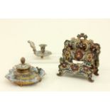 Lot of Enameled Bronzes Including letter holder approx 5 1/4" H, inkwell  with onyx bottom, and