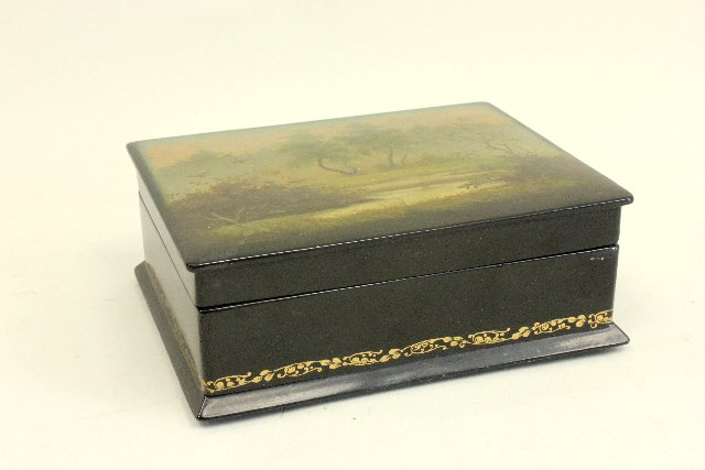 Russian Lacquered Scenic Box Approx. 3" H x 7" W x 5 1/2" D.