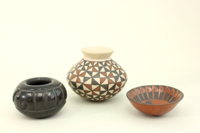 Three Native American Pottery Pieces One piece signed "Claudia Sanchez", one piece  Santa Clara