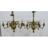 Pair of Williamsburg Style Brass Chandeliers 6 arms. Approx. 20 1/2" x 27".