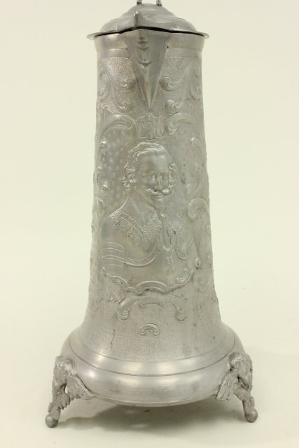 Pewter Figural Flagon Angel feet. Figure on top. Floral design. Approx  15" H. - Image 3 of 6