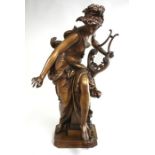 Albert Ernest Carrier, Belleuse Bronze Sculpture Young lady with a lyre. 19th century bronze