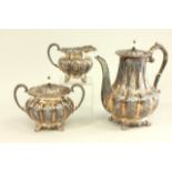 Three Piece Silver Plate Etched Tea Set Including coffee pot, and sugar & creamer.  Sheffield