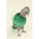 Silver Plated & Glass Bird Claret Jug Green glass decanter. Approx. 6" H.
