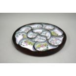 Chinese Enameled Condiment Set In circular round tray, approx. 2" H x 18 1/2" D.  Dishes approx.