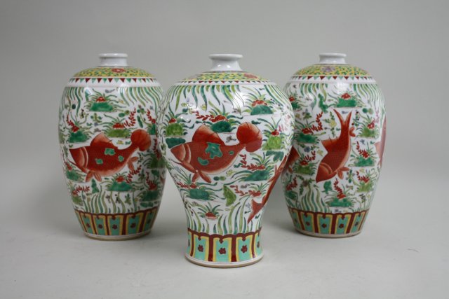 3 Chinese Porcelain Vases Decorated with koi fish. Approx. 14 1/2" H.