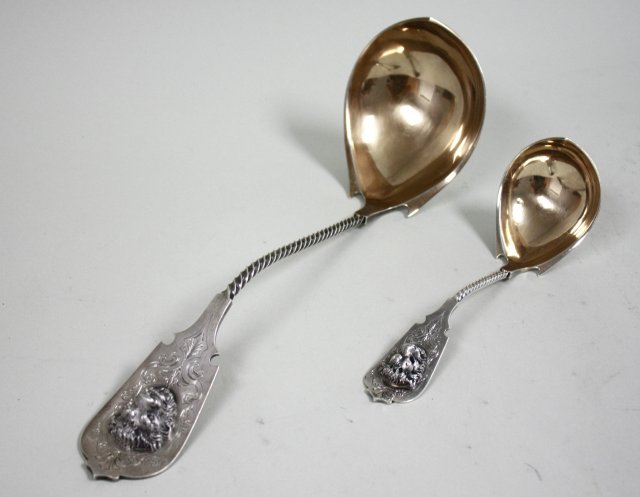 2 Koehler & Ritter Figural Coin Silver Ladles San Francisco. Approx. 13", 8.5 ozt & 7 1/2", 2.6